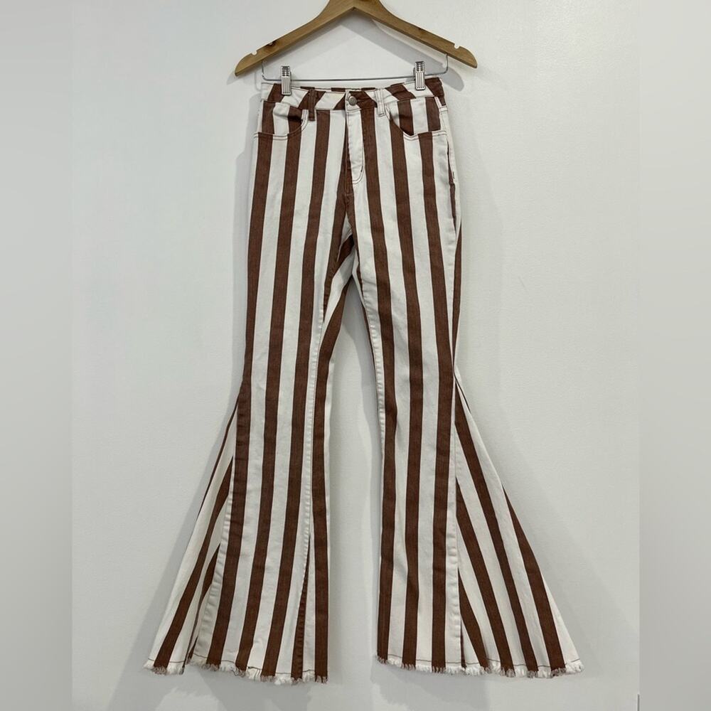 Bestto Western Bell Bottom Brown White Stripe Pants Medium Boho Festival